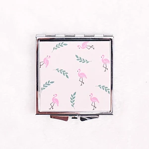 Fashion Square Cartoon Flamingo Souvenir PU  cosmetic Mirror