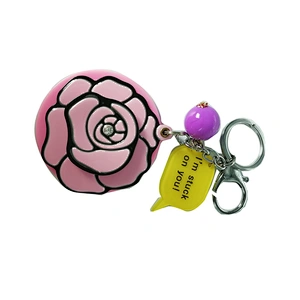 Top seller 2018 custom rose shape rotating plastic travel makeup mirror with keyring for Christmas gift