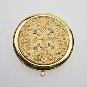 wholesale fashion gloden crystal folding round double sides foldable metal compact mirror for women