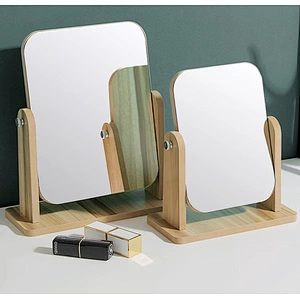 Double-side magnifying wood frame desktop stand mirror