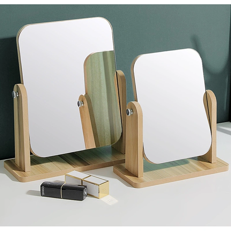 Double-side magnifying wood frame desktop stand mirror