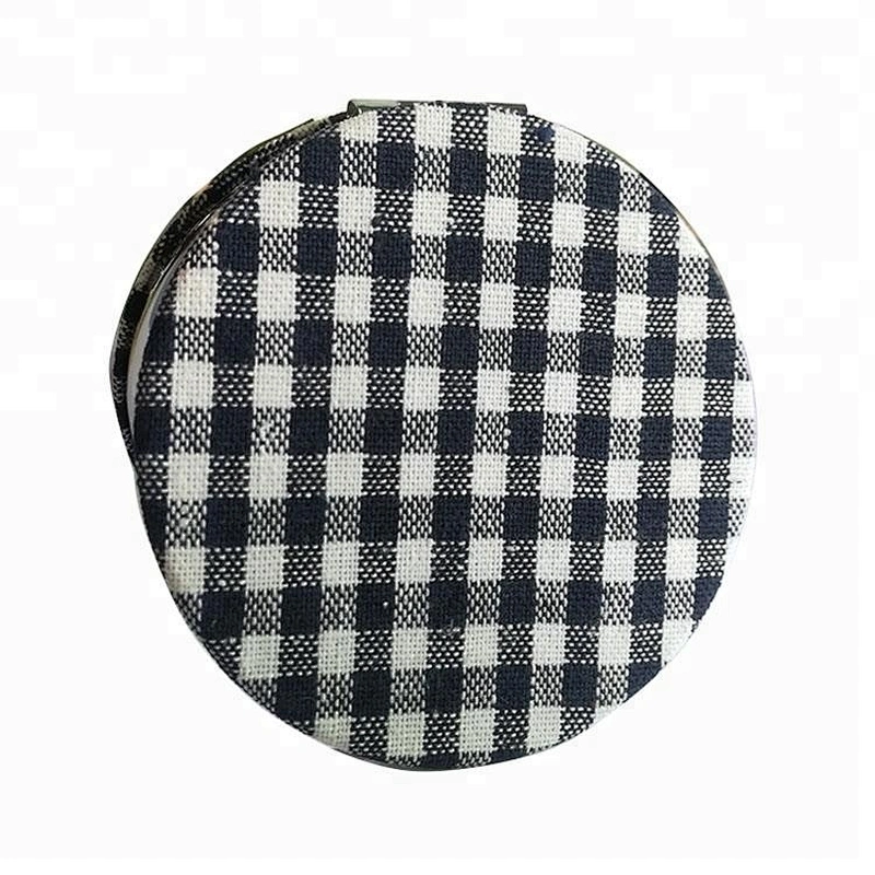 promotional gifts custom round Lattice pattern cotton fabric chrame plated folding makeup mirror