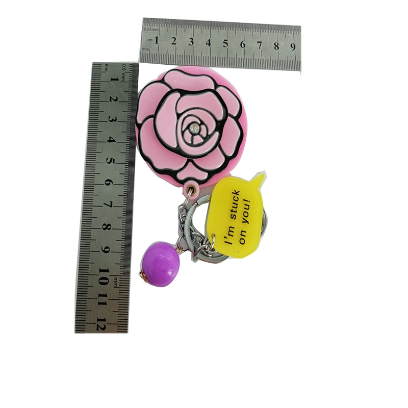 Top seller 2018 custom rose shape rotating plastic travel makeup mirror with keyring for Christmas gift