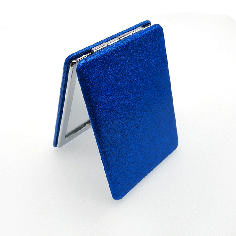 Dongguan factory personalized logo square double sided leather plastic frame  travel pocket mirror with chrome finishing