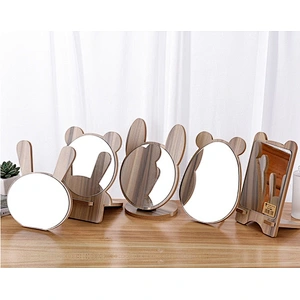 Double-side magnifying wood frame desktop stand mirror