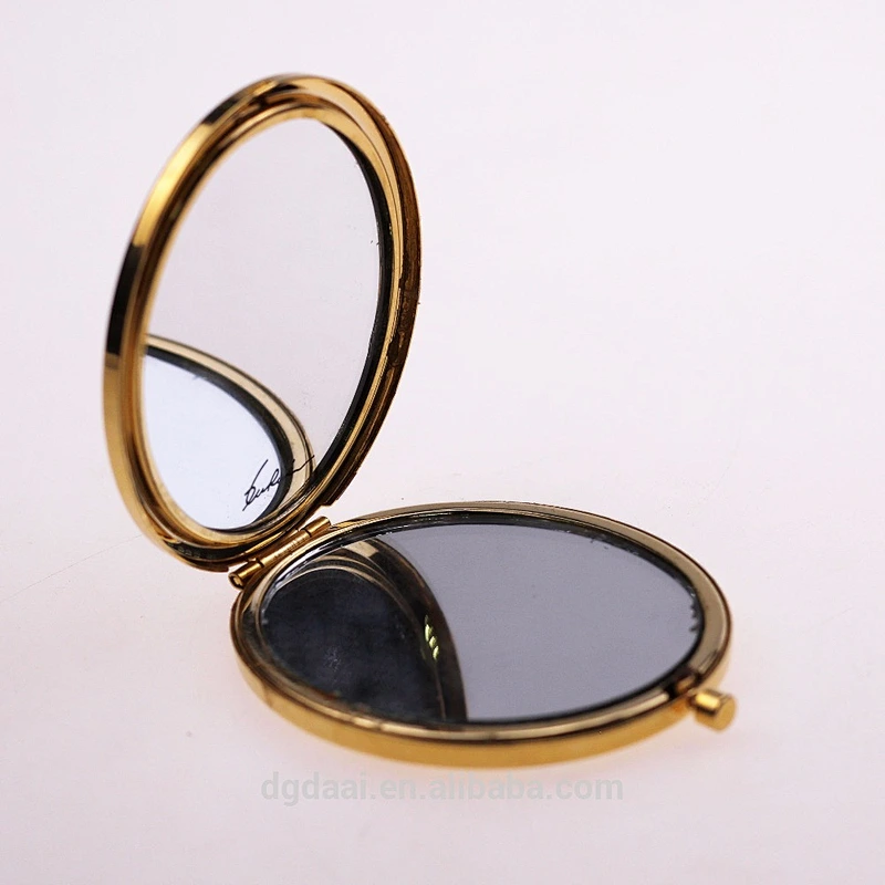 wholesale gloden cosmetic gift folding round double sides foldable metal compact mirror crystal mirror