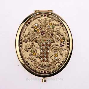 wholesale gloden cosmetic gift folding round double sides foldable metal compact mirror crystal mirror