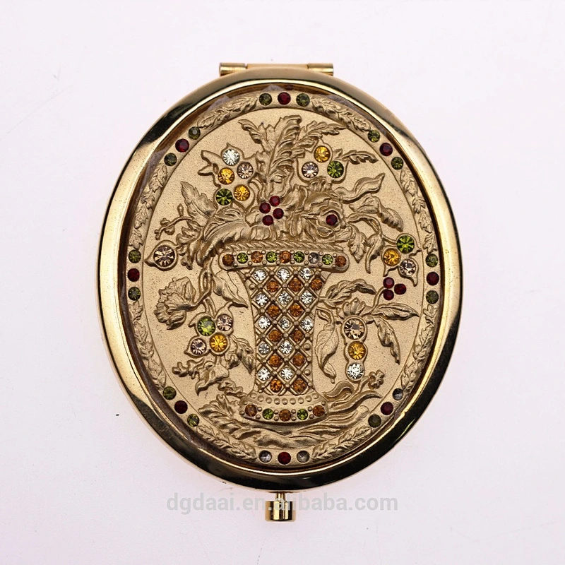 wholesale gloden cosmetic gift folding round double sides foldable metal compact mirror crystal mirror