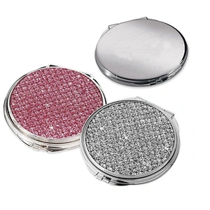 Round pink crystal bling metal pocket mirrors
