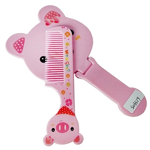 China factory creativity cartoon Pinky pig shape plastic kids makeup handheld mirrir and comb set