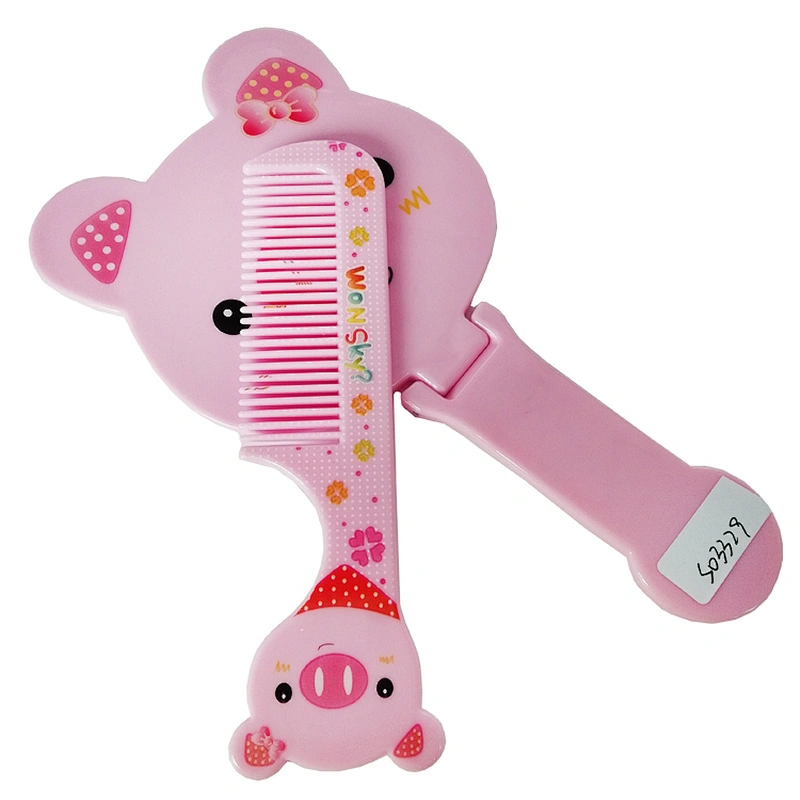 China factory creativity cartoon Pinky pig shape plastic kids makeup handheld mirrir and comb set