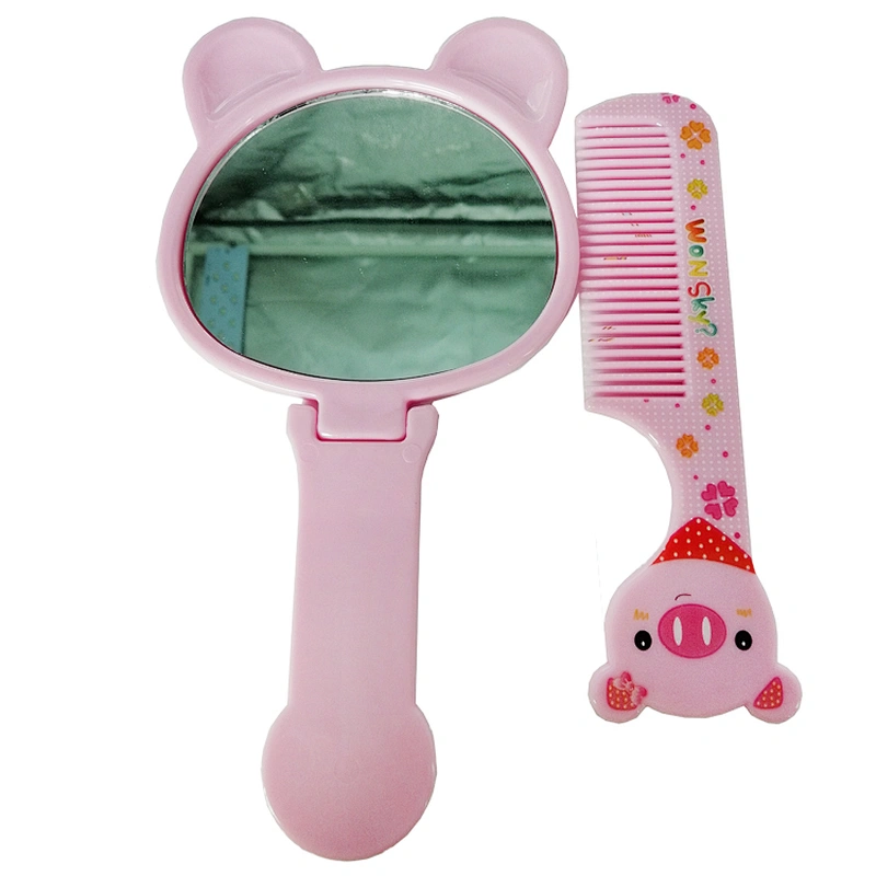 China factory creativity cartoon Pinky pig shape plastic kids makeup handheld mirrir and comb set