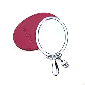 Oval silver plated pu leather handle makeup mirror
