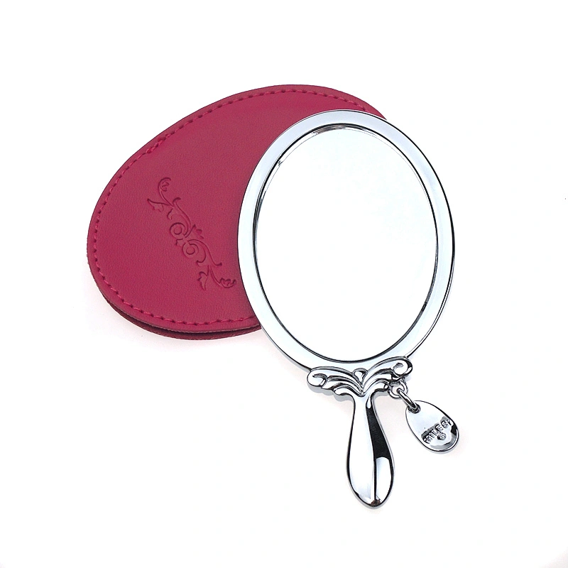Oval silver plated pu leather handle makeup mirror