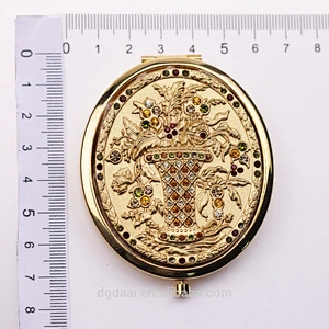 wholesale gloden cosmetic gift folding round double sides foldable metal compact mirror crystal mirror