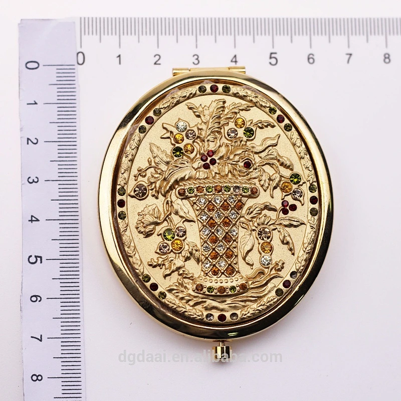 wholesale gloden cosmetic gift folding round double sides foldable metal compact mirror crystal mirror