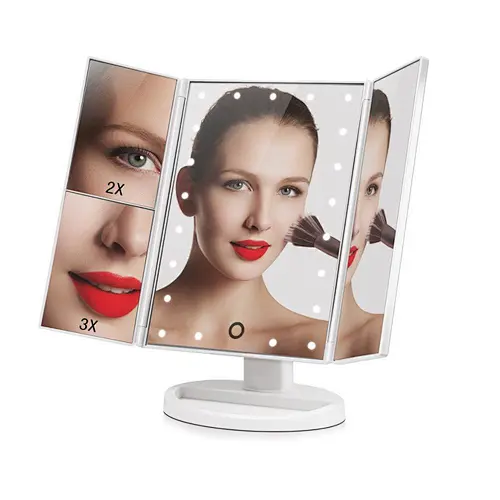 LED Makeup Magnifying Mirror Tri-Fold Vanity Mirror Touch Screen Adjustable Stand, Brightness Travel Beauty Mirror