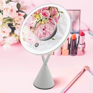 Lithium Battery USB Recpowered High Quality 1x/5x round shape desktop LED lights makeup mirrors with 1 or 3 color lighting