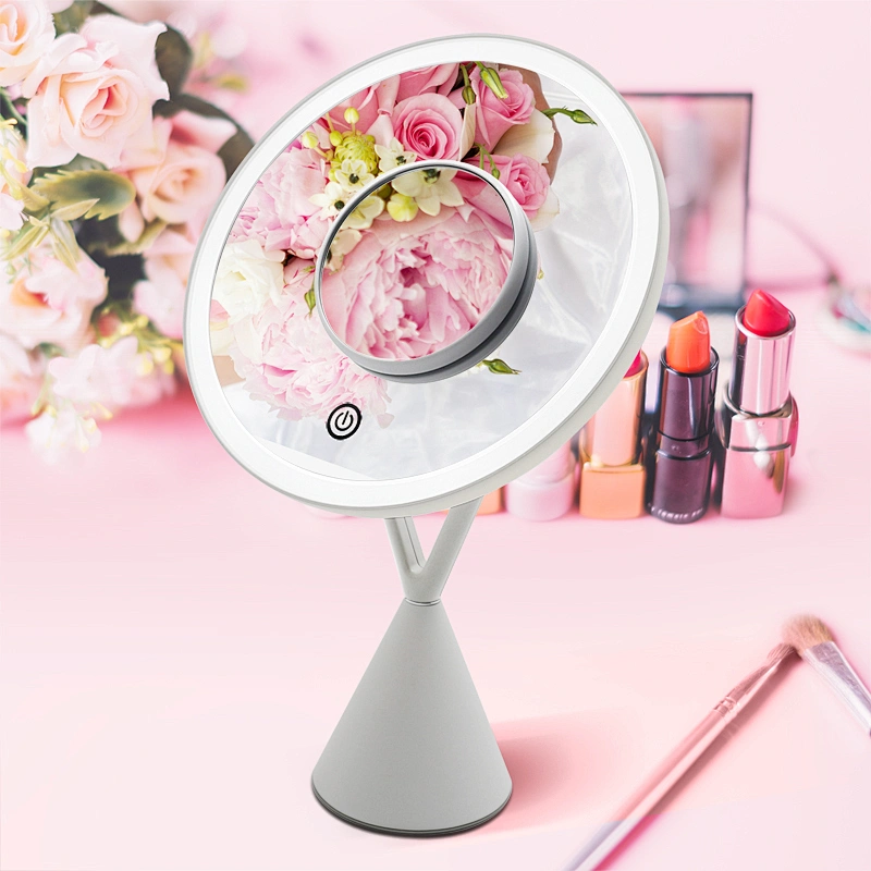 Lithium Battery USB Recpowered High Quality 1x/5x round shape desktop LED lights makeup mirrors with 1 or 3 color lighting