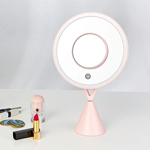 Lithium Battery USB Recpowered High Quality 1x/5x round shape desktop LED lights makeup mirrors with 1 or 3 color lighting