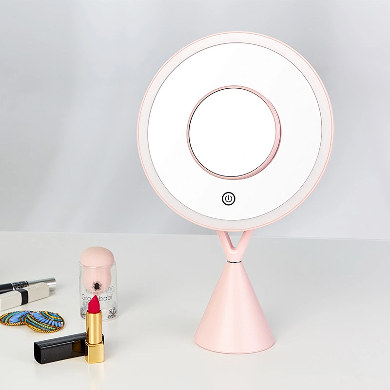 Lithium Battery USB Recpowered High Quality 1x/5x round shape desktop LED lights makeup mirrors with 1 or 3 color lighting
