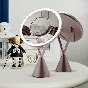 Lithium Battery USB Recpowered High Quality 1x/5x round shape desktop LED lights makeup mirrors with 1 or 3 color lighting