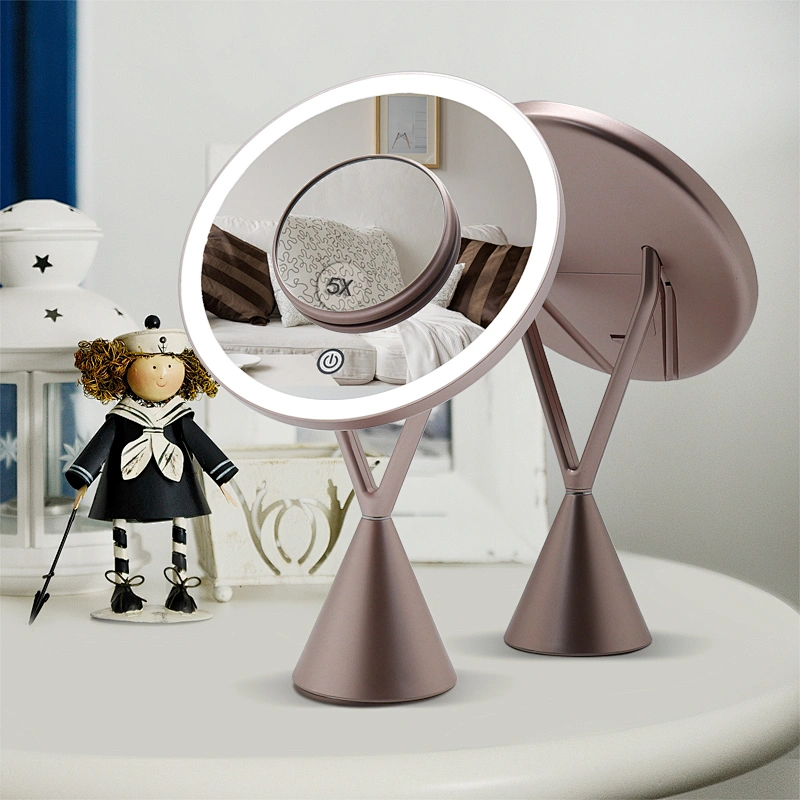 Lithium Battery USB Recpowered High Quality 1x/5x round shape desktop LED lights makeup mirrors with 1 or 3 color lighting