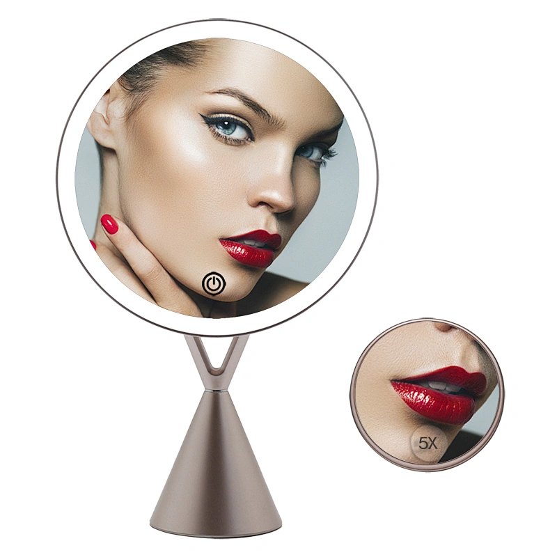 Lithium Battery USB Recpowered High Quality 1x/5x round shape desktop LED lights makeup mirrors with 1 or 3 color lighting