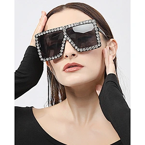 UNOC Oversize Frame Sunglasses Diamond Vintage Square Sun Glasses Luxury Rhinestone Shades Womens Sunglasses