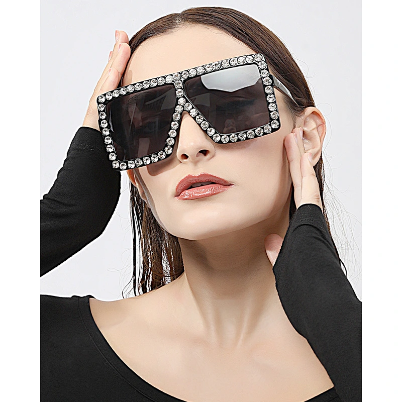 UNOC Oversize Frame Sunglasses Diamond Vintage Square Sun Glasses Luxury Rhinestone Shades Womens Sunglasses