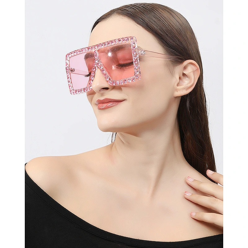 UNOC Oversize Frame Sunglasses Diamond Vintage Square Sun Glasses Luxury Rhinestone Shades Womens Sunglasses