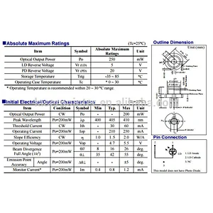 BOB Laser diode 405nm 200mW TO-38 package for indicator / pointer application