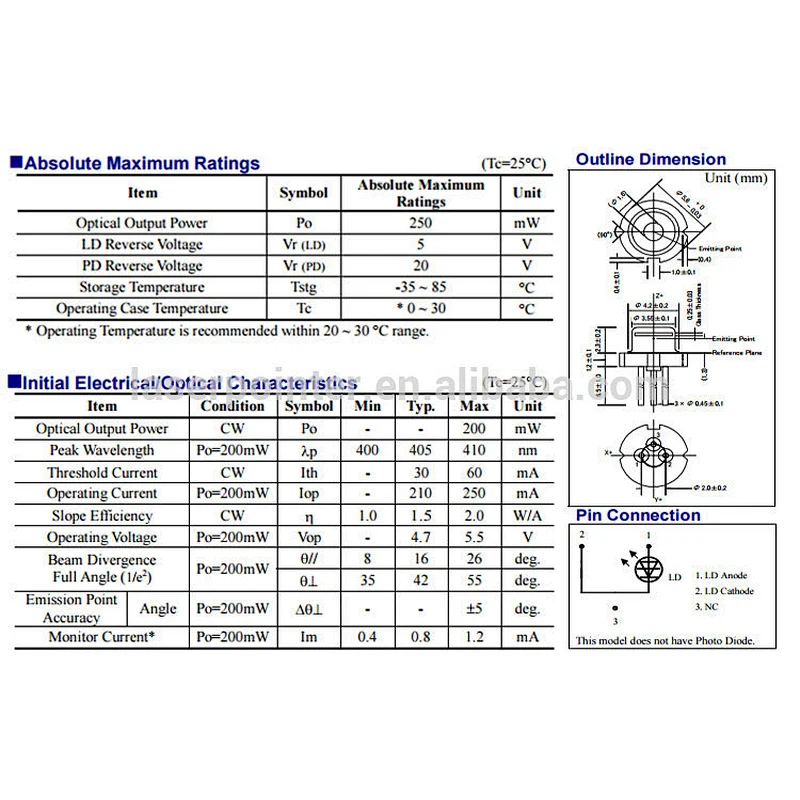 BOB Laser diode 405nm 200mW TO-38 package for indicator / pointer application