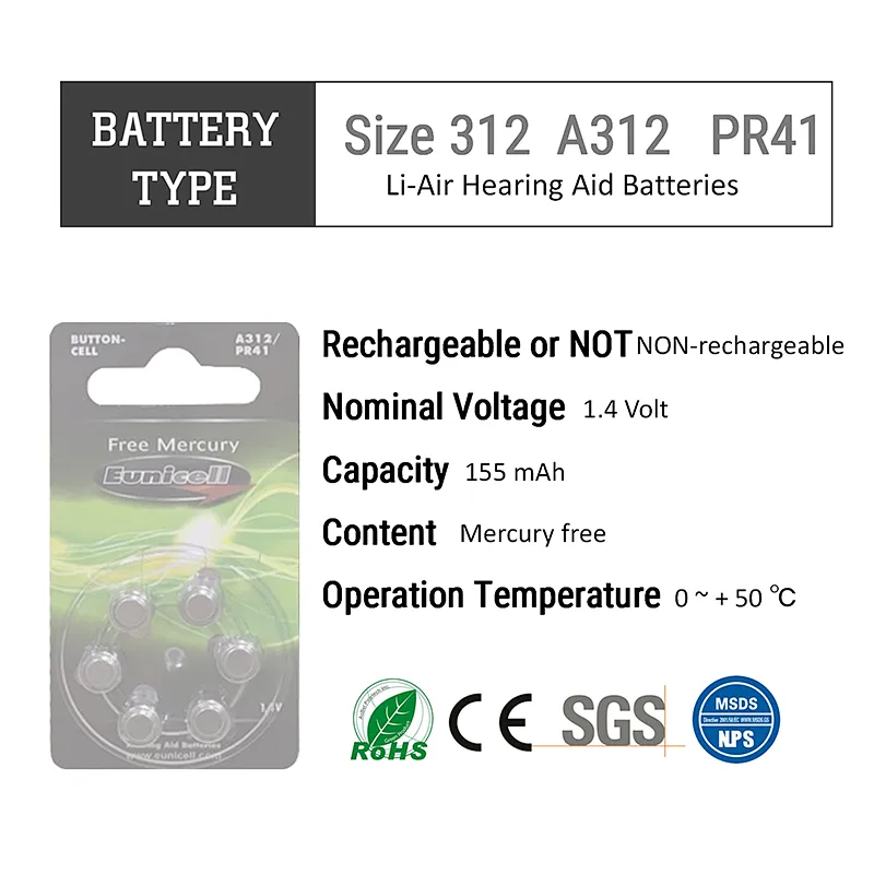 Eunicell 1.4V A10 PR70 - A13 PR48 - A312 PR41 - A675 PR44 hearing Aid Batteries