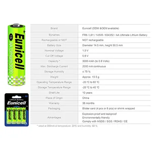 Eunicell Ultimate Lithium AA L91 FR6 1.5V Battery