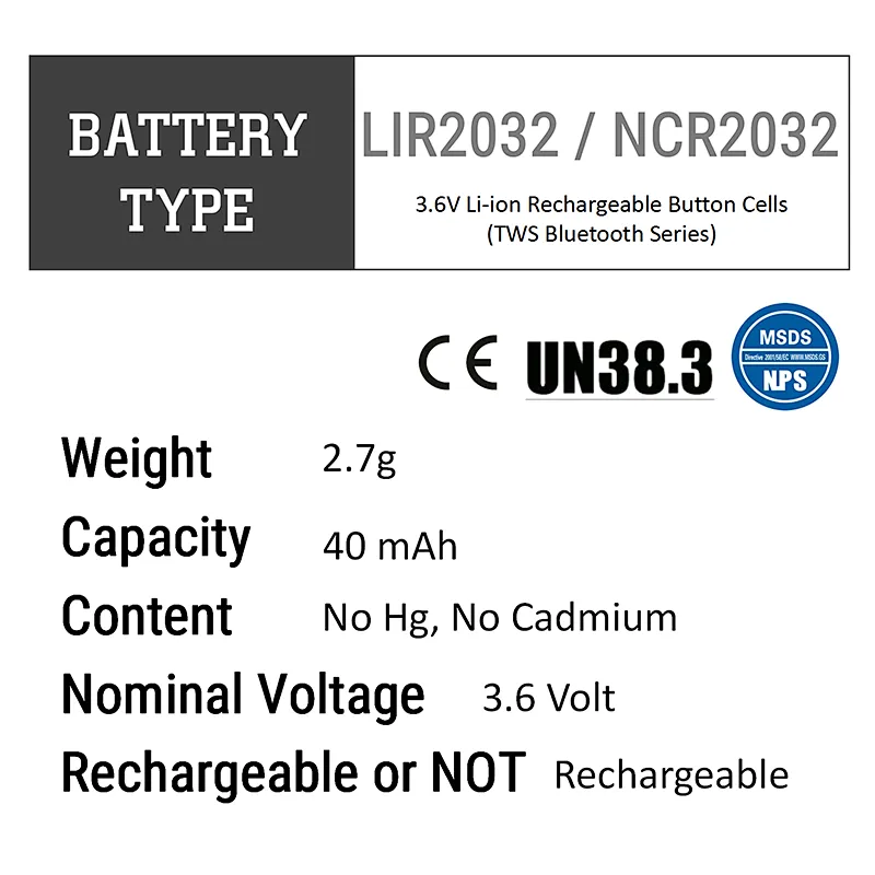 3.6v Rechargeable CR2032 NCR2032 LIR2032 lithium battery for Digital voice recorders
