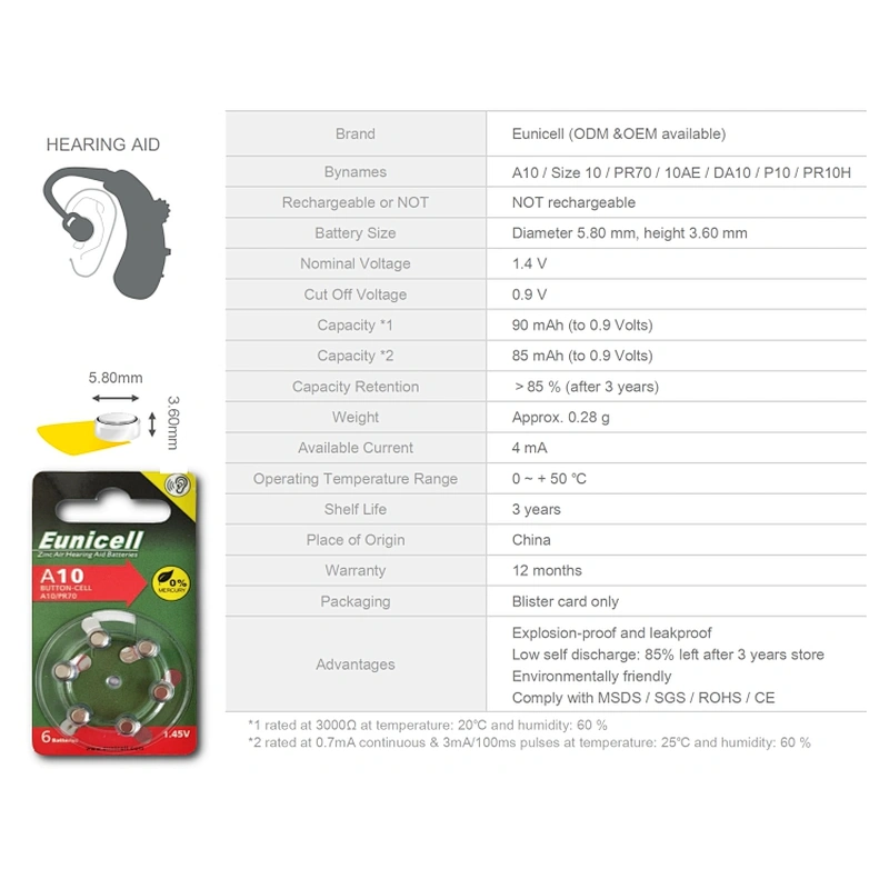 Eunicell hearing aid 1.45v zinc air battery A10 A13