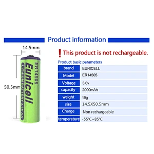 Eunicell 3.6V lithium battery SIZE AA ER14505M 2.2Ah