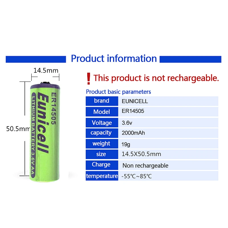 Eunicell 3.6V lithium battery SIZE AA ER14505M 2.2Ah