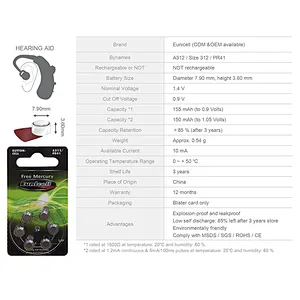 Mercury Free PR41 P312 Hearing Device Cell A312 Batterie 312 Hearing Aid Batteries