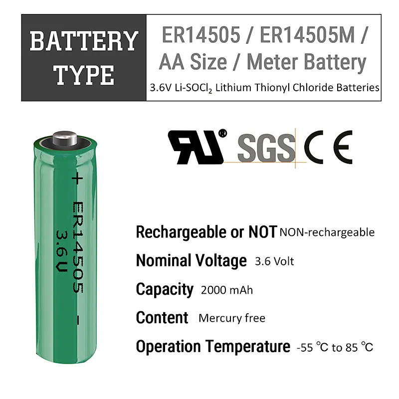 Primary Eunicell factory 2200mAh 3.6V Li-SOCl2 AA Size ER14505M Lithium Battery