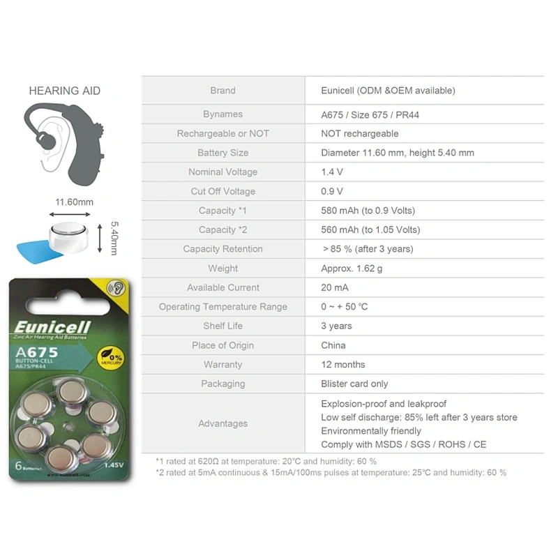 A675 PR44 Mercury free Zinc Air Battery from Eunicell