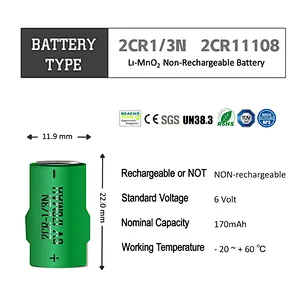 Long Shelf life 6V Lithium battery 170mah 2CR11108 2CR1/3N