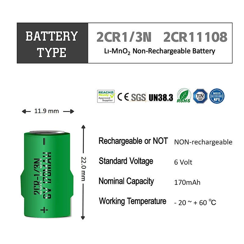 Long Shelf life 6V Lithium battery 170mah 2CR11108 2CR1/3N
