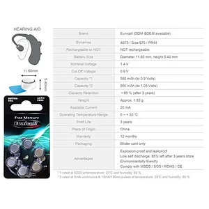Shenzhen Eunicell 1.45V A675P 675 A675 PR44 Hearing Aid Battery For Hearing Aid Artificial Cochlea