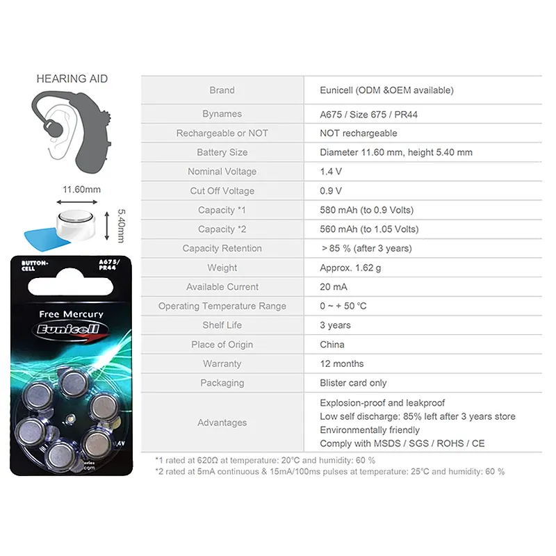 Shenzhen Eunicell 1.45V A675P 675 A675 PR44 Hearing Aid Battery For Hearing Aid Artificial Cochlea