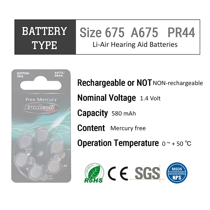 hearing aid wholesale PR44 A675 zinc air battery