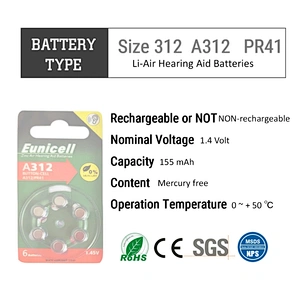 1.4V A312 / Size 312 / PR41 hearing aid batteries