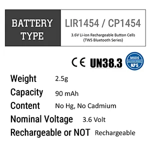 High performance 3.7v lithium ion rechargeable button cell ICR1454S ICR1454 battery for wireless earphone
