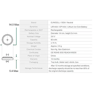 Eunicell High quality CR1454 CP1254 3.6V Li-ion LIR1454 lithium battery for wireless earphone